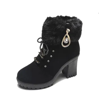Fashion Winter Snow Boots For Women Medium Heel Elegant Lady Fashion Boos Thick Warm Faux Fur Plush Boots 2024 Trend Fashion Boots 35 чёрный
