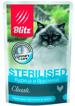 Blitz Classic для взрослых кастрированных котов и стерилизованных кошек с курицей и брусникой в желе (85 гр х 24 шт)