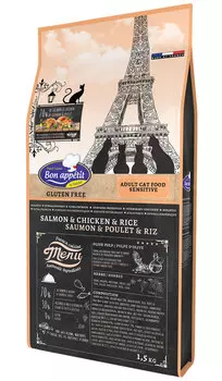 Bon Appetit Cat Adult Sensitive для взрослых кошек с чувствительным пищеварением с лососем, курицей и рисом (1,5 кг)
