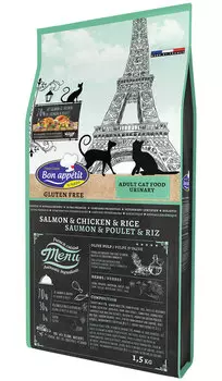Bon Appetit Cat Adult Urinary для взрослых кошек при мочекаменной болезни с лососем, курицей и рисом (1,5 кг)