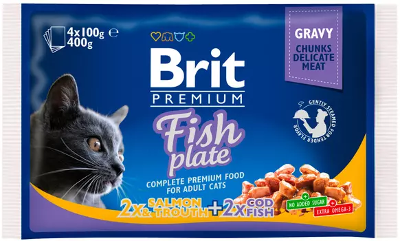 Brit Premium Cat Fish Plate для взрослых кошек рыбная тарелка (4 х 100 гр)