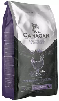 Canagan Grain Free Light/senior Sterilised для пожилых кастрированных котов и стерилизованных кошек с цыпленком и лососем (1,5 кг)