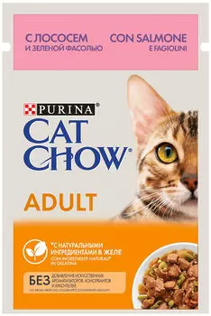 Cat Chow для взрослых кошек с лососем и зеленой фасолью в желе пауч (85 гр х 26 шт)