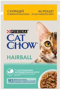 Cat Chow Hairball для взрослых кошек для вывода шерсти с курицей и зеленой фасолью в соусе (85 гр х 26 шт)