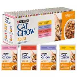 Cat Chow набор паучей для взрослых кошек с курицей, говядиной, лососем и ягненком в желе (85 гр х 36 шт)