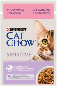 Cat Chow Sensitive для взрослых кошек с чувствительным пищеварением с лососем и кабачками в соусе (85 гр х 26 шт)