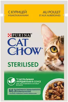 Cat Chow Sterilised для кастрированных котов и стерилизованных кошек с курицей и баклажанами в соусе (85 гр х 26 шт)