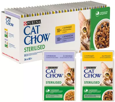 Cat Chow Sterilised набор паучей для взрослых кастрированных котов и стерилизованных кошек с курицей и ягненком в соусе (85 гр х 36 шт)
