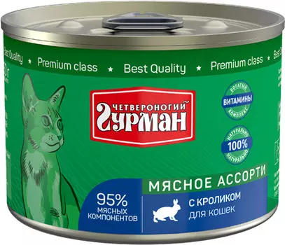 четвероногий гурман мясное ассорти для взрослых кошек с кроликом (190 гр х 12 шт)