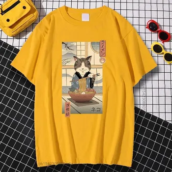 Neko Ramen Ukiyo-E японская футболка унисекс с принтом, простая брендовая уличная одежда, свободная футболка большого размера, футболка унисекс с рисунком L
