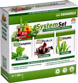 Dennerle Perfect Plant System Set - Комплект препаратов для системного и профессионального ухода за аквариумными растениями (E15 10 табл., S7 25 мл, V30 25 мл), на 800 л