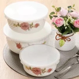 Салатник стеклокерамика, круглый, 3 шт, 19, 16, 14 см, 0.5, 0.8, 1.4 л, с крышкой, подарочная упаковка, Пион, Daniks, K2125