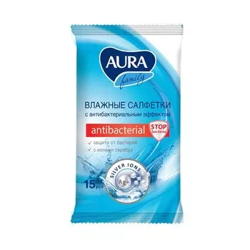 Салфетки влажные Aura, Family, антибактериальные, 15 шт, ассорти, 7045