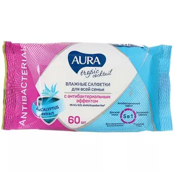 Салфетки влажные Aura, Тропический коктейль, антибактериальные, 60 шт