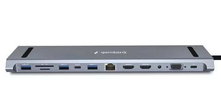Док-станция Gembird UHB-D6 Type-C, 12в1: 2xUSB3.1,USB2.0, RJ45,PD87W, Jack3.5, SD/TF, 2xHDMI, VGA,Type-C