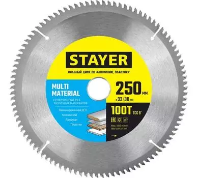 Пильный диск STAYER Multi Material, 250 мм x 32 мм алюминий, пластик, дерево, ламинат, супер чистый рез, 100T, 1 шт. (3685-250-32-100)