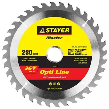 Пильный диск STAYER OPTI Line, ⌀230мм x 30мм по дереву, быстрый, поперечный, продольный, чистый, 36Т, 1шт. (3681-230-30-36)