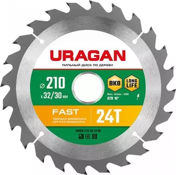 Пильный диск URAGAN Fast, 210 мм x 30 мм по дереву, быстрый рез, 24T, 1 шт. (36800-210-32-24_z01)