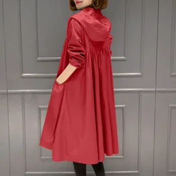 Spring Autumn Women Long Trench Arrival Korean Style Leisure Zipper Fly Loose Pockets Hooded Simple Comfortable XXXXL чёрный
