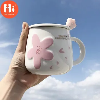 Керамическая кружка Net Celebrity Ins Cherry Blossom с крышкой и ложкой, студентка, корейская версия милой чашки для питья, домашняя цена
