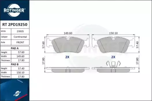 Тормозные колодки дисковые передняя ось ROTINGER RT 2PD19250