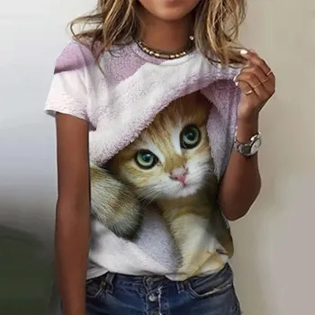 Модная женская футболка с забавным принтом кота, женская футболка Harajuku Kawaii, повседневная одежда больших размеров, летние женские футболки большого размера 3XL