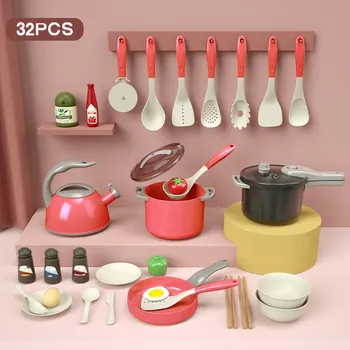 Детские кухонные игрушки, аксессуары для малышей, игровой набор для приготовления пищи с игровыми кастрюлями, сковородками, посудой, игрушками, игровая еда для детей красно-коричневый