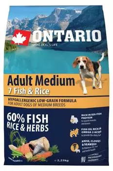 Ontario Adult Medium 7 Fish &amp; Rice / Сухой корм Онтарио для взрослых собак Средних пород 7 видов рыб и рис