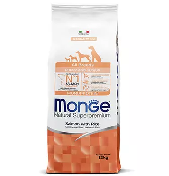 Monge Dog Monoprotein Puppy & Junior Salmon with rice / Сухой корм Монж для Щенков всех пород Лосось с рисом