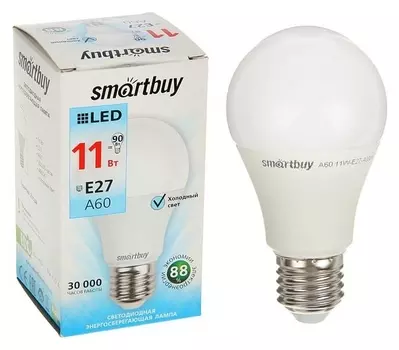 Лампа Cветодиодная Smartbuy, A60, E27, 11 Вт, 4000 К, дневной белый свет