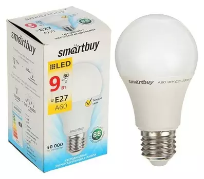 Лампа Cветодиодная Smartbuy, A60, E27, 9 Вт, 3000 К, теплый белый свет