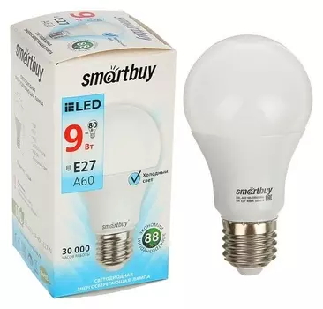 Лампа Cветодиодная Smartbuy, A60, E27, 9 Вт, 4000 К, дневной белый свет