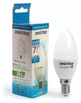 Лампа Cветодиодная Smartbuy, C37, е14, 7 Вт, 6000 К, холодный белый свет
