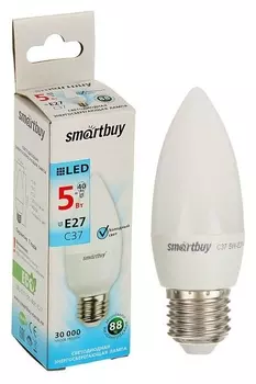 Лампа Cветодиодная Smartbuy, C37, E27, 5 Вт, 4000 К, холодный белый свет