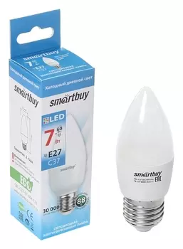 Лампа Cветодиодная Smartbuy, C37, E27, 7 Вт, 6000 К, холодный белый свет