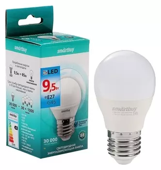 Лампа Cветодиодная Smartbuy, G45, е27, 9.5 Вт, 6000 К, холодный белый свет