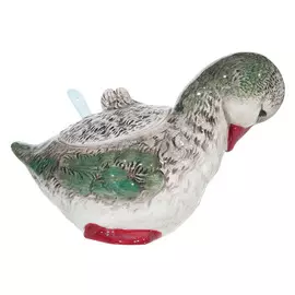 Сахарница, 10 см, с ложкой и крышкой, керамика, серая/зеленая, Утка, Duck