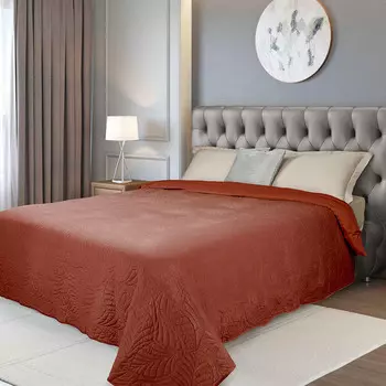 Покрывало, 220х240 см, стеганое, вельвет/микрофибра, оранжевое, Листья, Stitch velvet