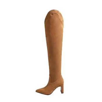 Krazing Pot Flock Autumn Winter Shoes Pointed Toe Big Size 42 High Heels Slip on Women Over-the-knee Boots 34 чёрный