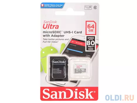 Карта памяти MicroSDXC 64Gb Sandisk Class 10 + адаптер SD (SDSQUNS-064G-GN3MA)