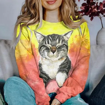 Женские толстовки и худи с принтом мультяшного кота Kawaii, графическая рубашка с длинным рукавом, женская одежда, большой топ, модная блузка S
