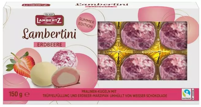 Конфеты Lambertz Lambertini Erdbeere с клубничным марципаном и сливочной начинкой 150г