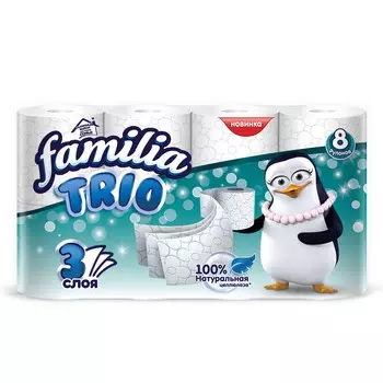 Бумага туалетная Familia Trio Белая, 3 слоя, 8 рулонов