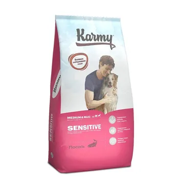 Karmy Sensitive Medium & Maxi полнорационный сухой корм для собак средних и крупных пород с чувствительным пищеварением, с лососем - 14 кг повседневный премиум низкозерновые для взрослых с лососем породы крупного размера мешок Российский корм 1 уп. х 1 шт. х 14 кг