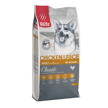 Blitz Classic Adult Chicken & Rice полнорационный сухой корм для собак, с курицей и рисом повседневный для взрослых с курицей для всех пород мешок Российский корм 1 уп. х 1 шт. х 15 кг