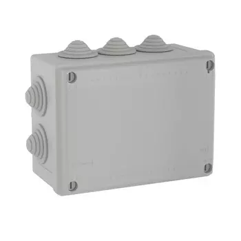 Коробка распределительная прямоугольная 15 см x 11 см, глубина 7 см, наружный монтаж, IP55, вводов:10, наличие сальников, серый, с крышкой, DKC (54000)