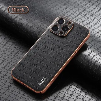 Роскошный чехол из кожи крокодила для iPhone 16, 15 Pro, 14, 13, 12 Pro Max, 11, защитная противоударная задняя крышка для объектива iPhone 15 чёрный