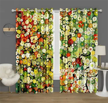 Colorful Rich Flowers Pattern Curtains Green and Peach Flowers Kitchen Decor Curtains Bedroom Living Room Window Decor 2 Panels 50W130H(CM)X2PCS&Grommet Top