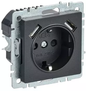 Розетка IEK BR-R14-16-U21-D21-K02 BRITE РЮш10-1-БрЧ 16А с USB A+A 2.1А с заземл. защ. шторки черная