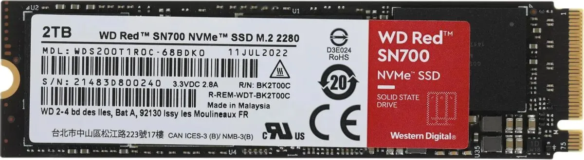 Накопитель SSD M.2 2280 Western Digital WDS200T1R0C WD Red SN700 1TB PCIe Gen 3 x 4 3430/2900MB/s IOPS 480K/540K MTTF 1.75M